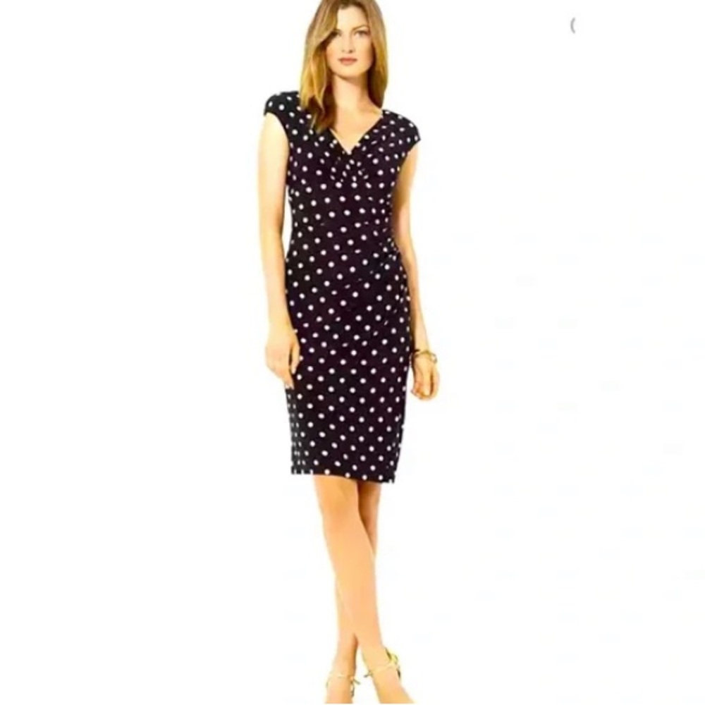 Lauren Ralph Lauren Navy and White Polka Dot Midi Ruched Dress size 6